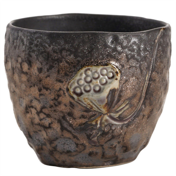 Buddha Stones、蓮の葉、花、縁起の良い雲、陶器のティーカップ、カンフーティーカップ