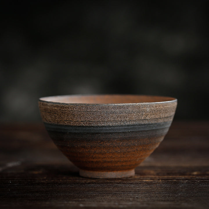 Buddha Stonesシンプルなブラウンのストライプ模様の陶器製ティーカップ カンフーティーカップボウル