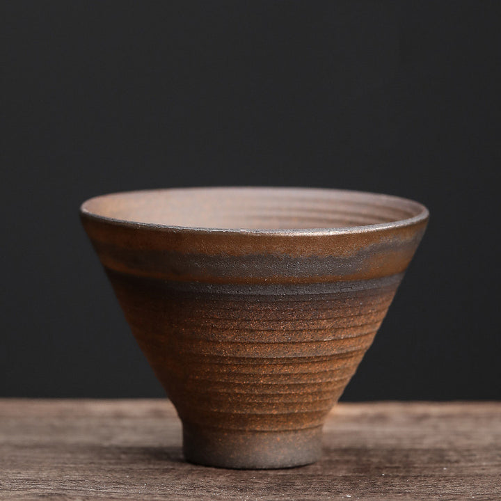 Buddha Stonesシンプルなブラウンのストライプ模様の陶器製ティーカップ カンフーティーカップボウル