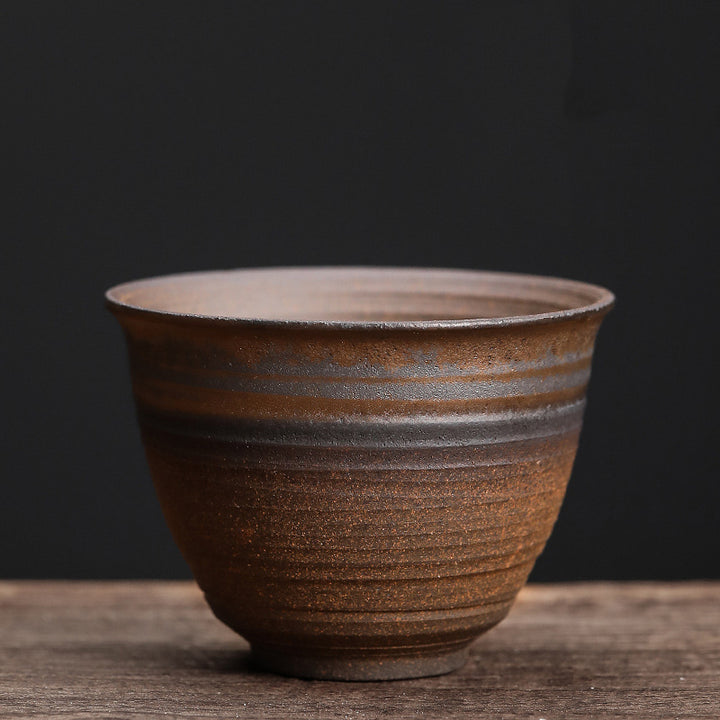 Buddha Stonesシンプルなブラウンのストライプ模様の陶器製ティーカップ カンフーティーカップボウル