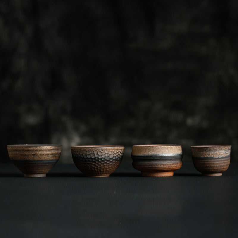 Buddha Stonesシンプルなブラウンのストライプ模様の陶器製ティーカップ カンフーティーカップボウル