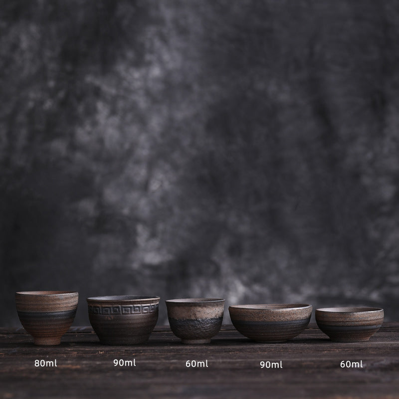 Buddha Stonesシンプルなブラウンのストライプ模様の陶器製ティーカップ カンフーティーカップボウル