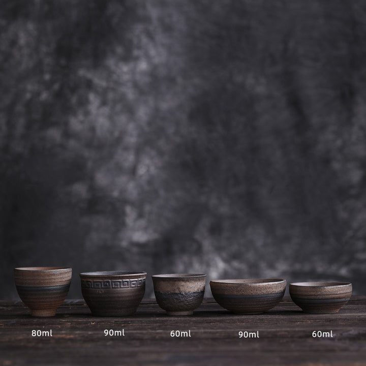 Buddha Stonesシンプルなブラウンのストライプ模様の陶器製ティーカップ カンフーティーカップボウル