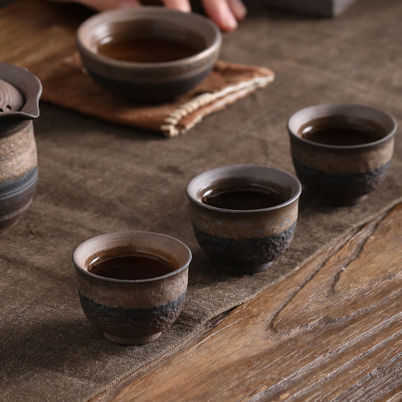 Buddha Stonesシンプルなブラウンのストライプ模様の陶器製ティーカップ カンフーティーカップボウル