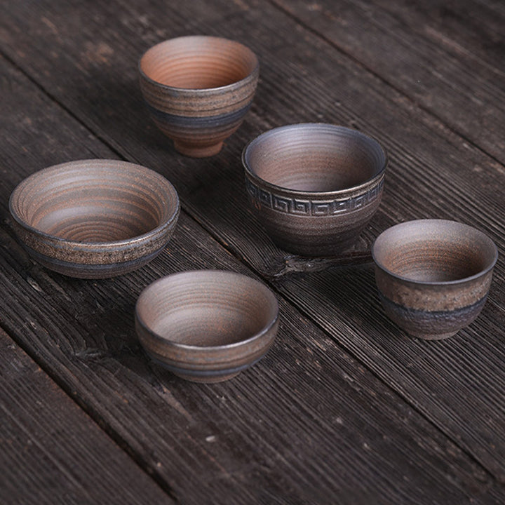 Buddha Stonesシンプルなブラウンのストライプ模様の陶器製ティーカップ カンフーティーカップボウル