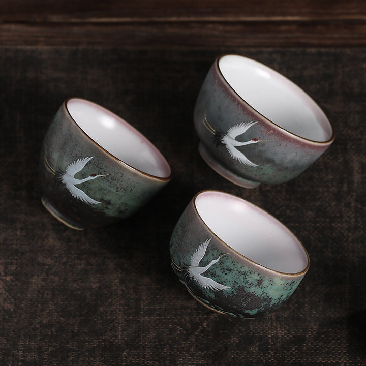 Buddha Stones縁起の良い鶴の陶器ティーカップカンフーティーカップボウル