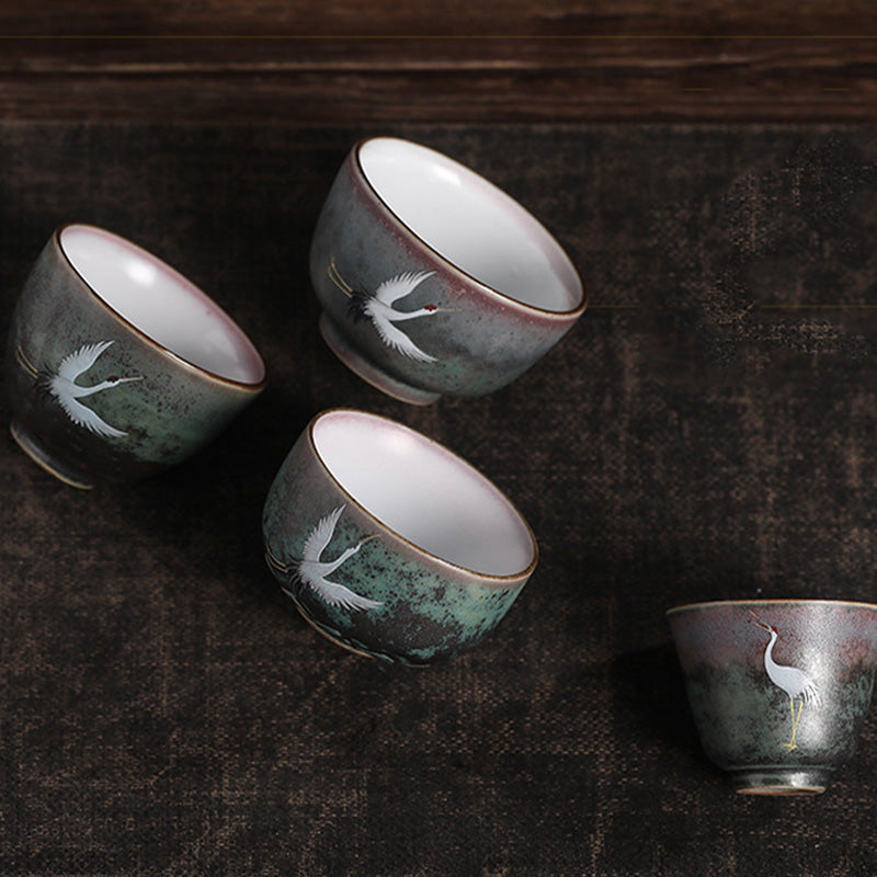 Buddha Stones縁起の良い鶴の陶器ティーカップカンフーティーカップボウル