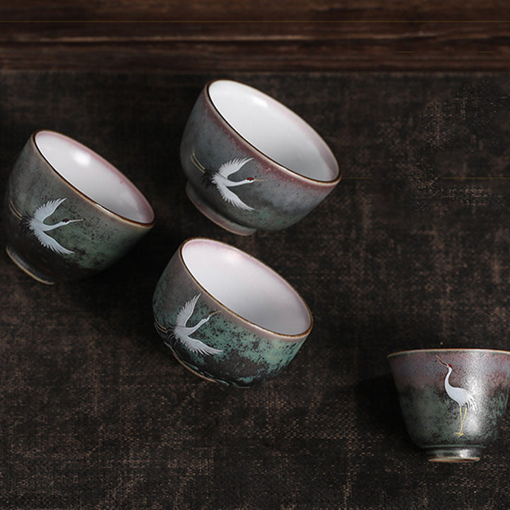 Buddha Stones縁起の良い鶴の陶器ティーカップカンフーティーカップボウル