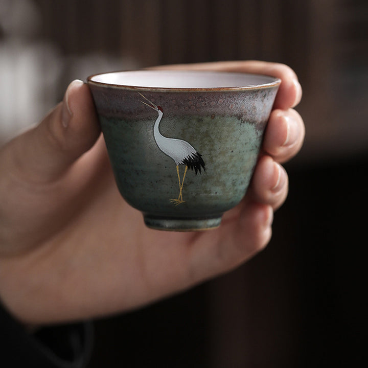 Buddha Stones縁起の良い鶴の陶器ティーカップカンフーティーカップボウル