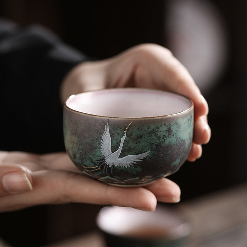 Buddha Stones縁起の良い鶴の陶器ティーカップカンフーティーカップボウル