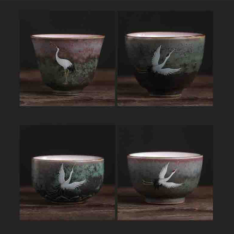 Buddha Stones縁起の良い鶴の陶器ティーカップカンフーティーカップボウル