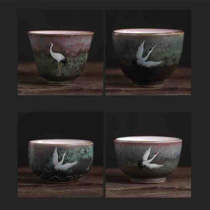 Buddha Stones縁起の良い鶴の陶器ティーカップカンフーティーカップボウル