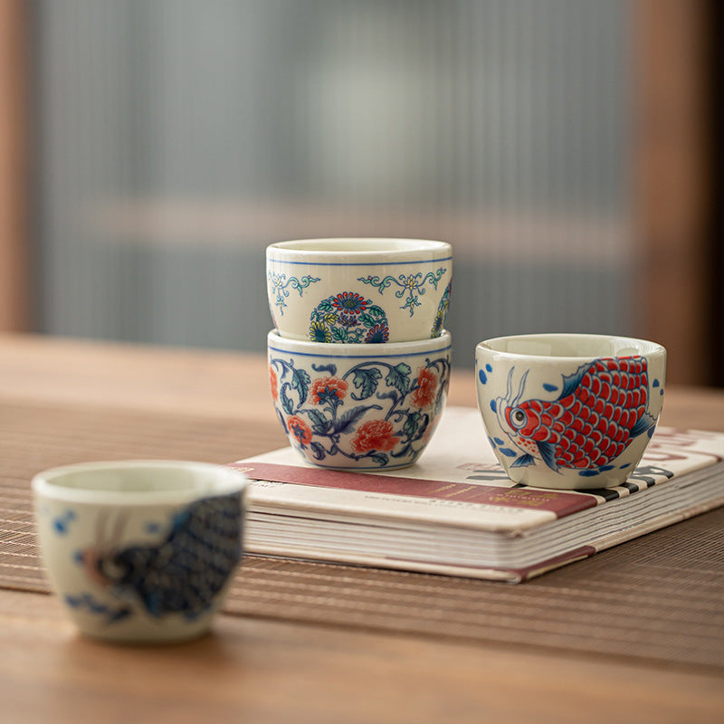 Buddha Stonesアロワナ牡丹ひまわり陶器ティーカップカンフーティーカップ60ml