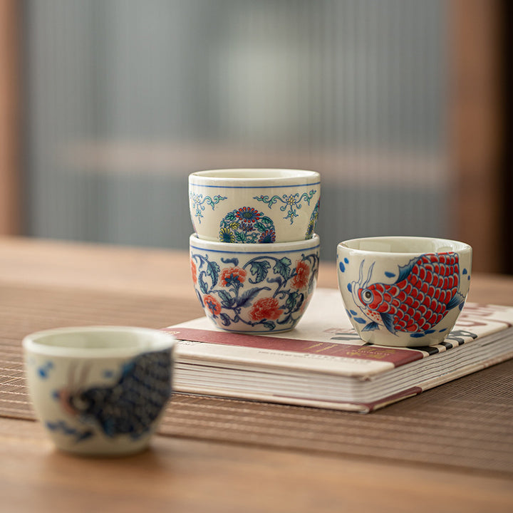 Buddha Stonesアロワナ牡丹ひまわり陶器ティーカップカンフーティーカップ60ml