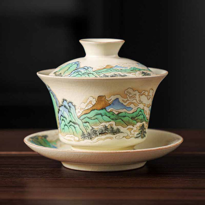 Buddha Stones、川と山、花のパノラマ、陶器の蓋碗三彩ティーカップ、カンフーティーカップとソーサー、蓋付き