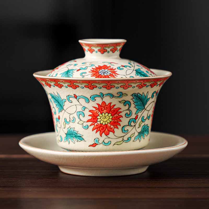 Buddha Stones、川と山、花のパノラマ、陶器の蓋碗三彩ティーカップ、カンフーティーカップとソーサー、蓋付き - 花 12cm×9cm×100ml - image 8