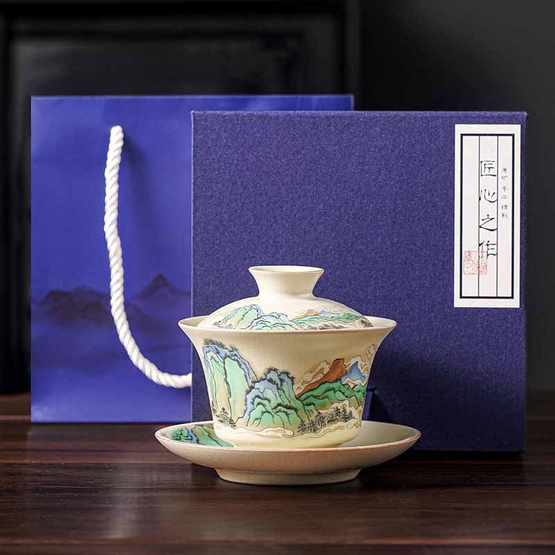 Buddha Stones、川と山、花のパノラマ、陶器の蓋碗三彩ティーカップ、カンフーティーカップとソーサー、蓋付き