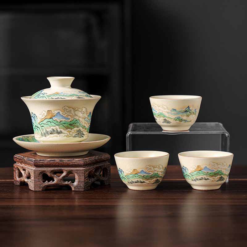 Buddha Stones、川と山、花のパノラマ、陶器の蓋碗三彩ティーカップ、カンフーティーカップとソーサー、蓋付き