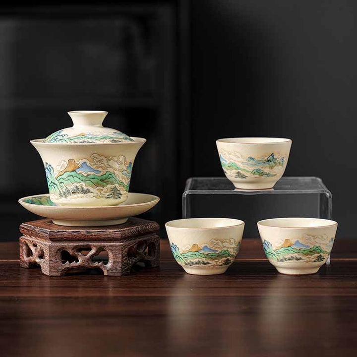 Buddha Stones、川と山、花のパノラマ、陶器の蓋碗三彩ティーカップ、カンフーティーカップとソーサー、蓋付き
