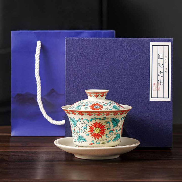 Buddha Stones、川と山、花のパノラマ、陶器の蓋碗三彩ティーカップ、カンフーティーカップとソーサー、蓋付き