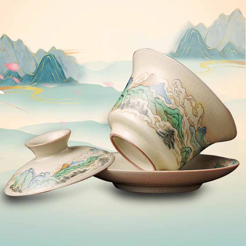 Buddha Stones、川と山、花のパノラマ、陶器の蓋碗三彩ティーカップ、カンフーティーカップとソーサー、蓋付き