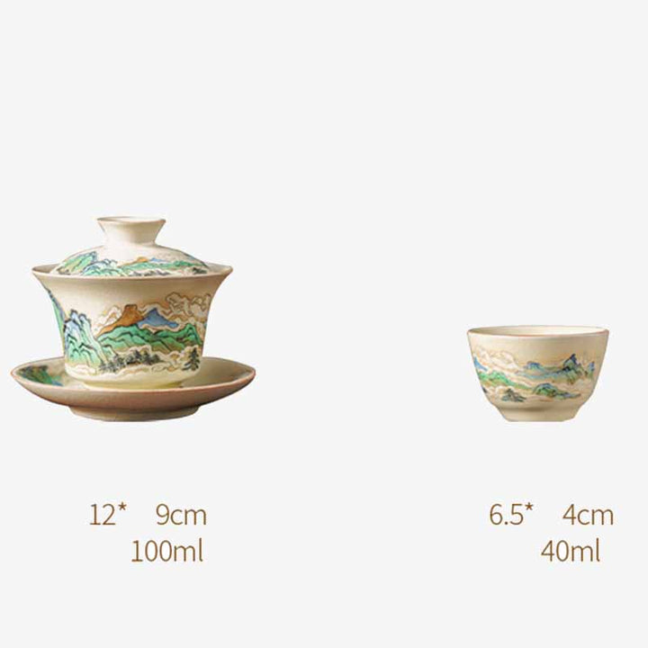 Buddha Stones、川と山、花のパノラマ、陶器の蓋碗三彩ティーカップ、カンフーティーカップとソーサー、蓋付き