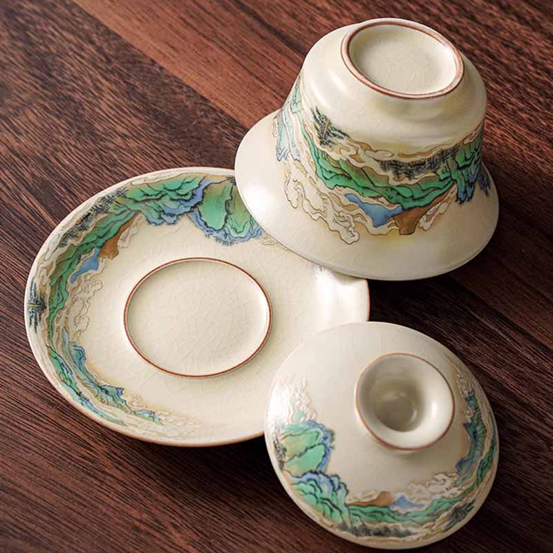 Buddha Stones、川と山、花のパノラマ、陶器の蓋碗三彩ティーカップ、カンフーティーカップとソーサー、蓋付き