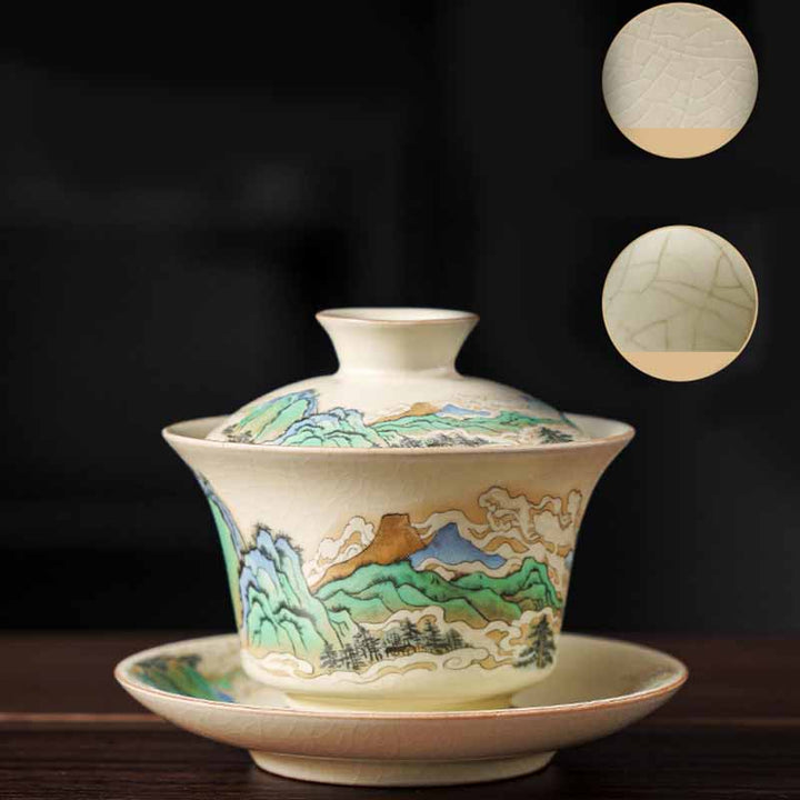 Buddha Stones、川と山、花のパノラマ、陶器の蓋碗三彩ティーカップ、カンフーティーカップとソーサー、蓋付き