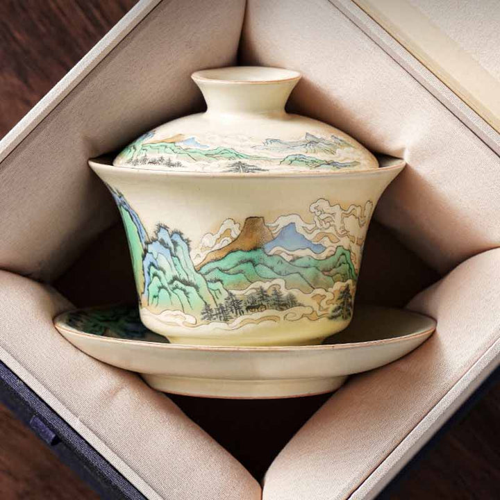 Buddha Stones、川と山、花のパノラマ、陶器の蓋碗三彩ティーカップ、カンフーティーカップとソーサー、蓋付き