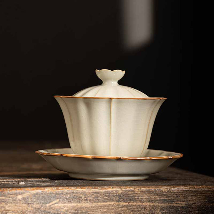 Buddha Stonesベージュ 梅の花 桃の枝 陶器 蓋付き 蓋碗 三彩 ティーカップ カンフーティーカップ