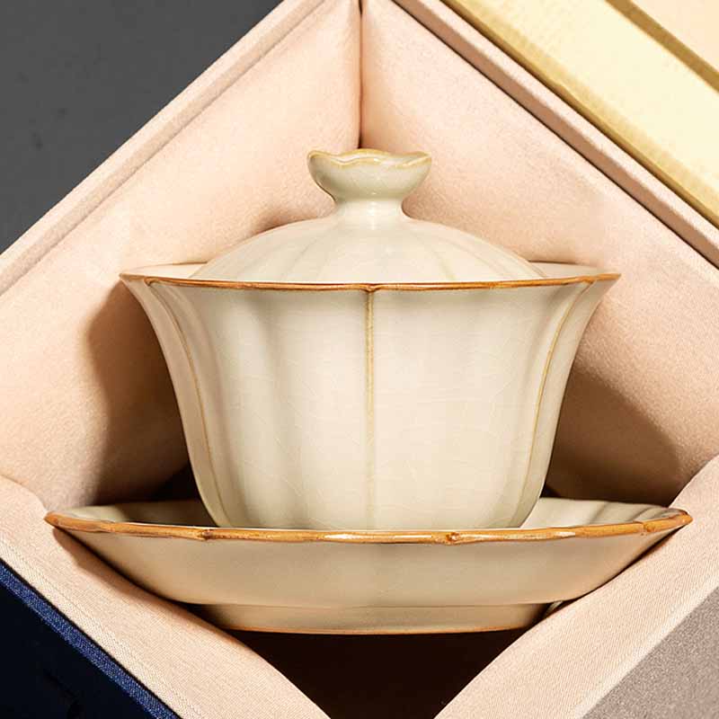 Buddha Stonesベージュ 梅の花 桃の枝 陶器 蓋付き 蓋碗 三彩 ティーカップ カンフーティーカップ