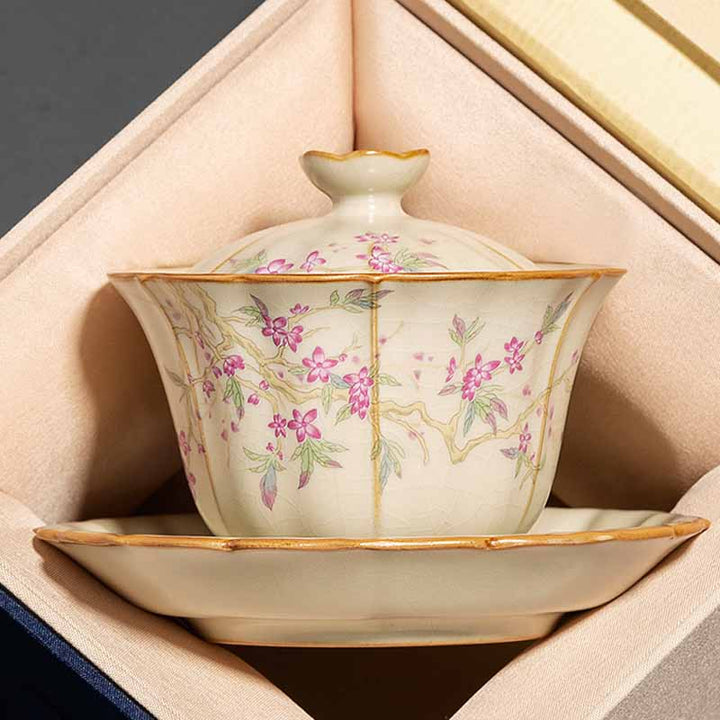 Buddha Stonesベージュ 梅の花 桃の枝 陶器 蓋付き 蓋碗 三彩 ティーカップ カンフーティーカップ