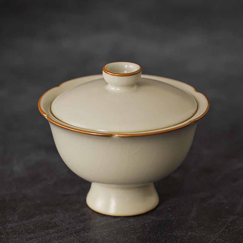 Buddha Stonesベージュ 梅の花 桃の枝 陶器 蓋付き 蓋碗 三彩 ティーカップ カンフーティーカップ