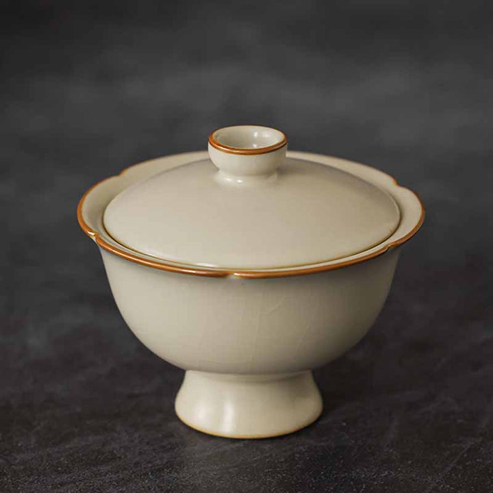 Buddha Stonesベージュ 梅の花 桃の枝 陶器 蓋付き 蓋碗 三彩 ティーカップ カンフーティーカップ