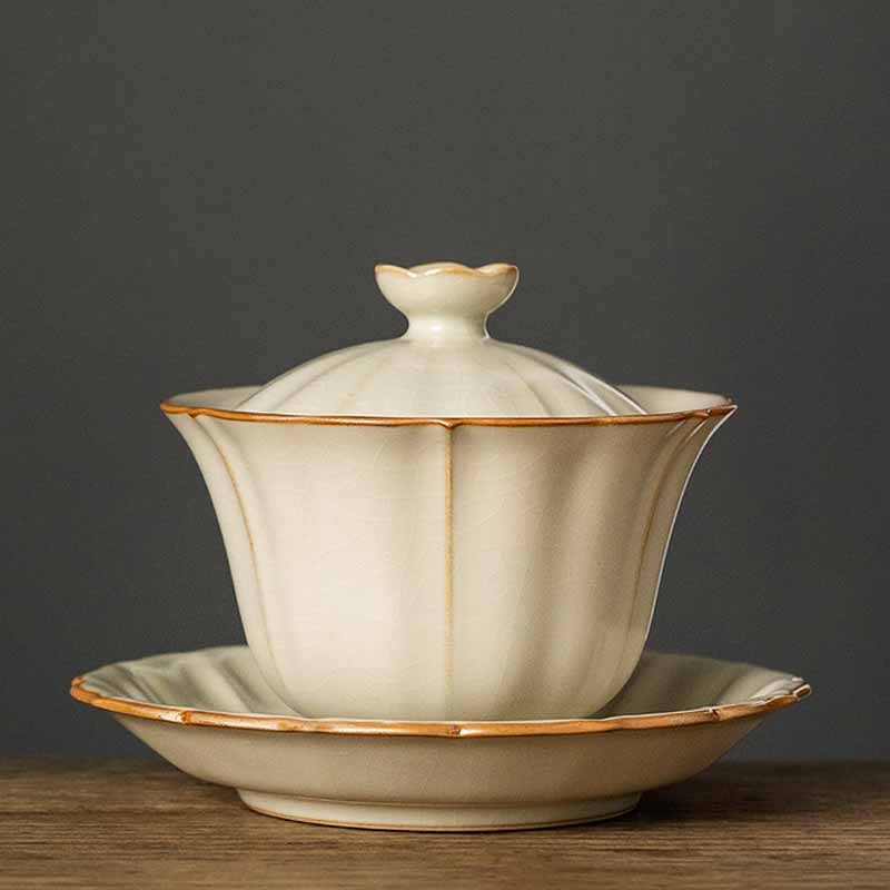 Buddha Stonesベージュ 梅の花 桃の枝 陶器 蓋付き 蓋碗 三彩 ティーカップ カンフーティーカップ