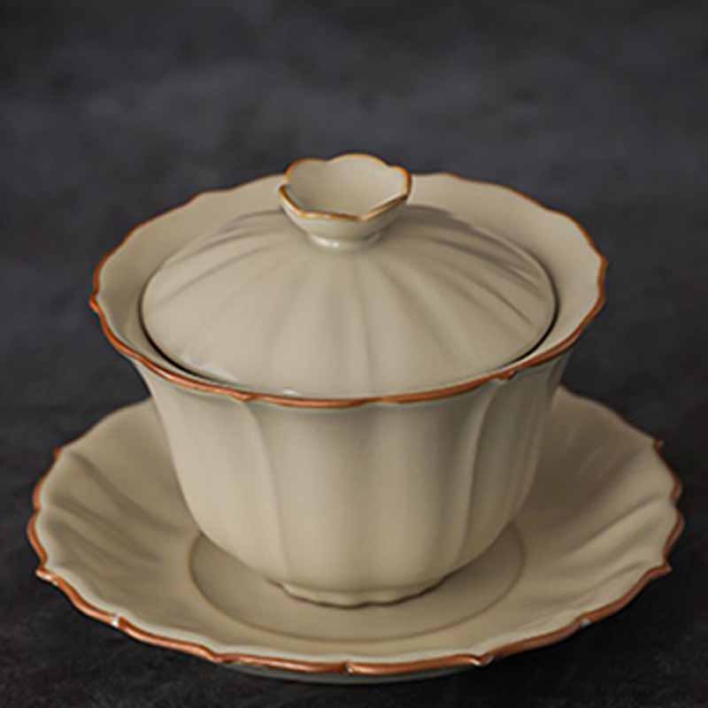 Buddha Stonesベージュ 梅の花 桃の枝 陶器 蓋付き 蓋碗 三彩 ティーカップ カンフーティーカップ