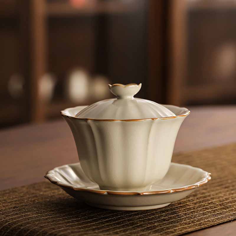 Buddha Stonesベージュ 梅の花 桃の枝 陶器 蓋付き 蓋碗 三彩 ティーカップ カンフーティーカップ