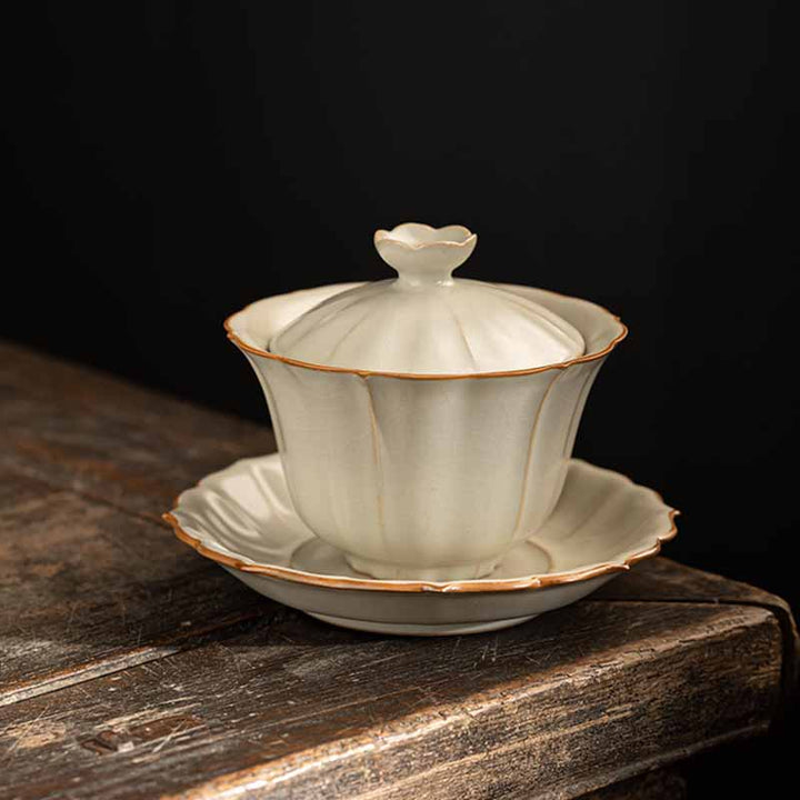 Buddha Stonesベージュ 梅の花 桃の枝 陶器 蓋付き 蓋碗 三彩 ティーカップ カンフーティーカップ