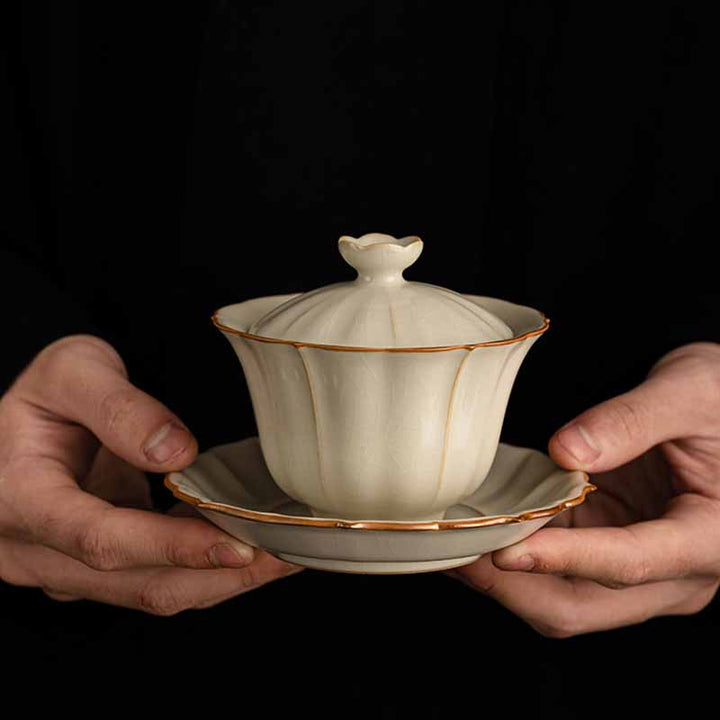 Buddha Stonesベージュ 梅の花 桃の枝 陶器 蓋付き 蓋碗 三彩 ティーカップ カンフーティーカップ