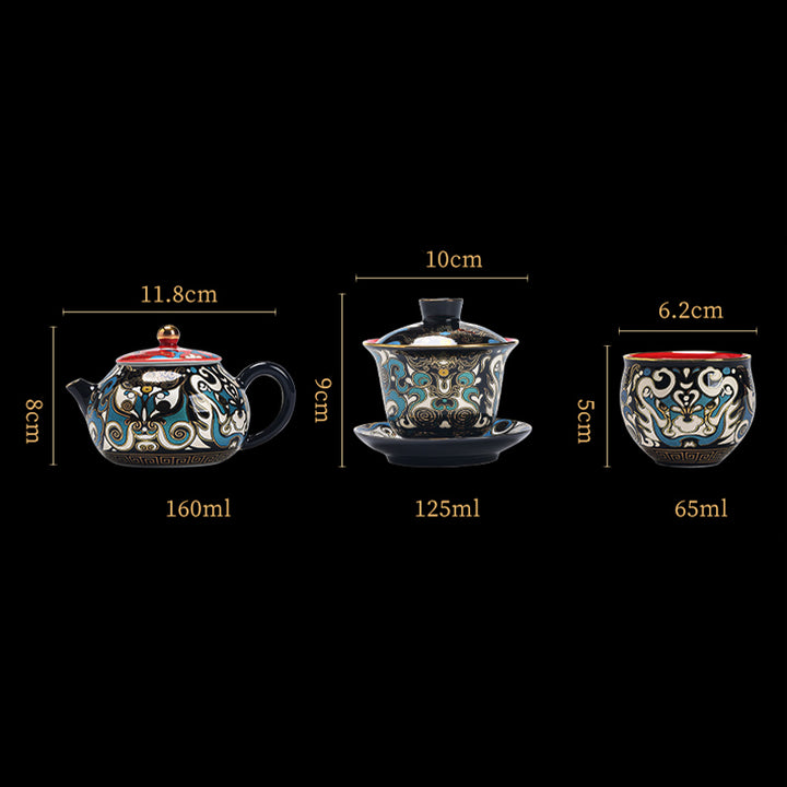 Buddha Stones京劇マスク柄 陶器 蓋碗三彩 ティーカップ カンフーティーカップ＆ソーサー 蓋付き ティーポット