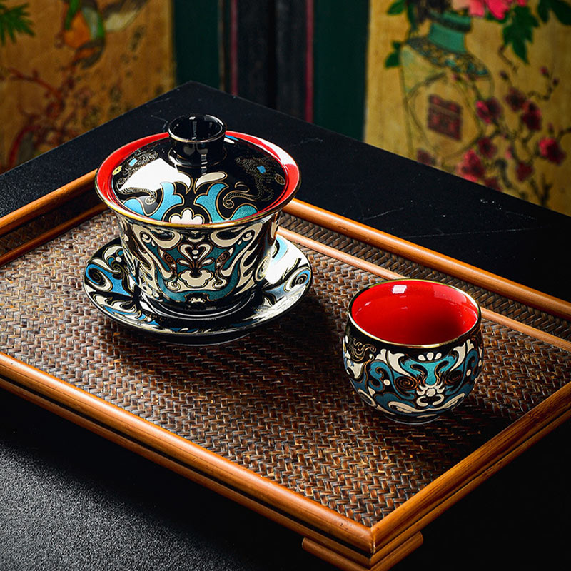 Buddha Stones京劇マスク柄 陶器 蓋碗三彩 ティーカップ カンフーティーカップ＆ソーサー 蓋付き ティーポット