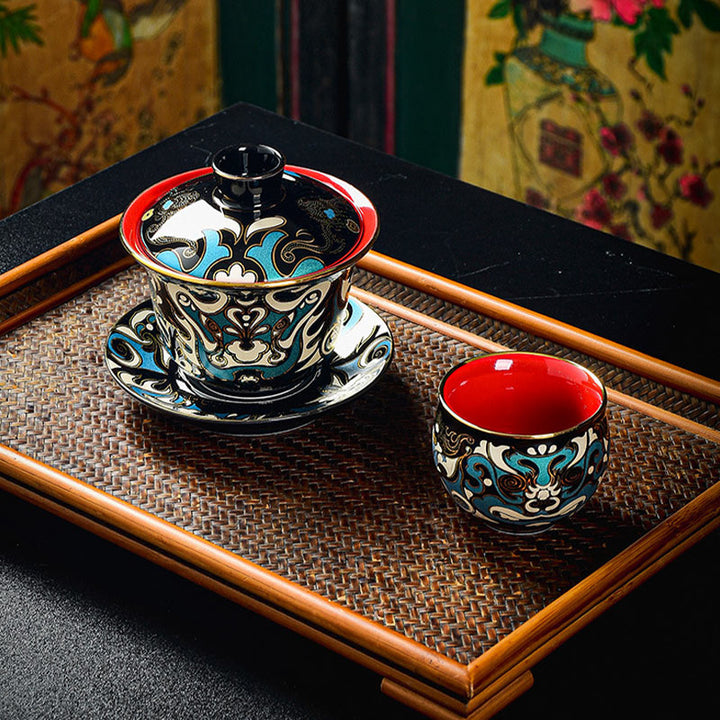 Buddha Stones京劇マスク柄 陶器 蓋碗三彩 ティーカップ カンフーティーカップ＆ソーサー 蓋付き ティーポット