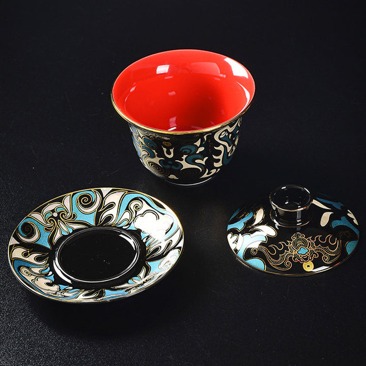 Buddha Stones京劇マスク柄 陶器 蓋碗三彩 ティーカップ カンフーティーカップ＆ソーサー 蓋付き ティーポット