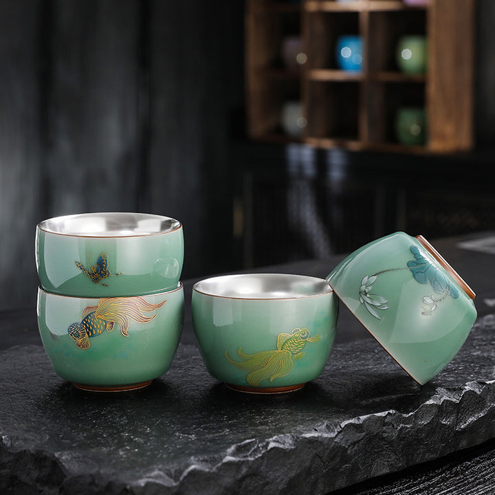Buddha Stones蝶 金魚 蓮 鯉 陶器 ティーカップ カンフー ティーカップ 120ml