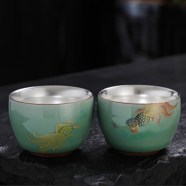 Buddha Stones蝶 金魚 蓮 鯉 陶器 ティーカップ カンフー ティーカップ 120ml