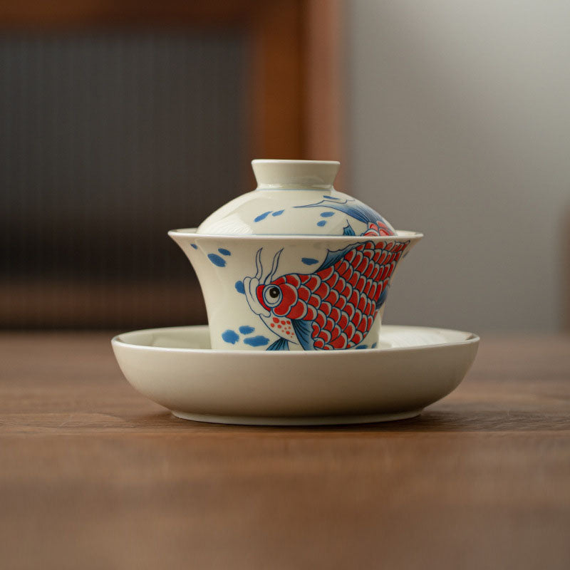 Buddha Stones鯉アロワナ陶器蓋湾三彩ティーカップカンフーティーカップ蓋付き130ml