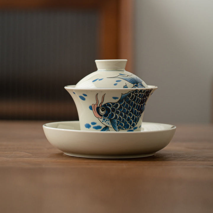 Buddha Stones鯉アロワナ陶器蓋湾三彩ティーカップカンフーティーカップ蓋付き130ml