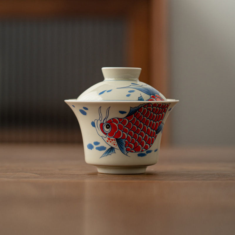 Buddha Stones鯉アロワナ陶器蓋湾三彩ティーカップカンフーティーカップ蓋付き130ml