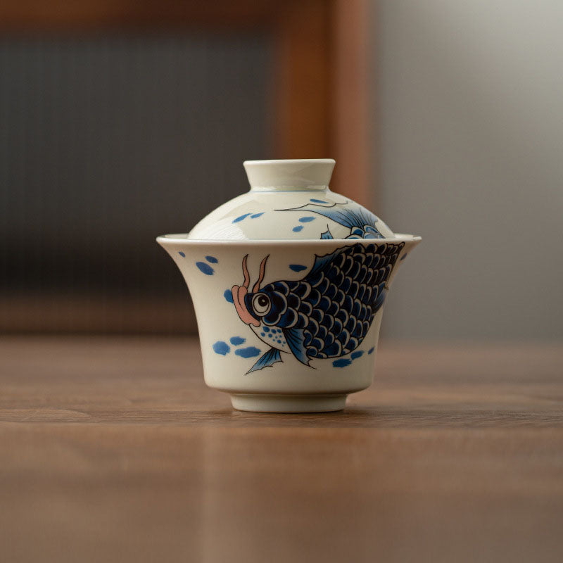 Buddha Stones鯉アロワナ陶器蓋湾三彩ティーカップカンフーティーカップ蓋付き130ml