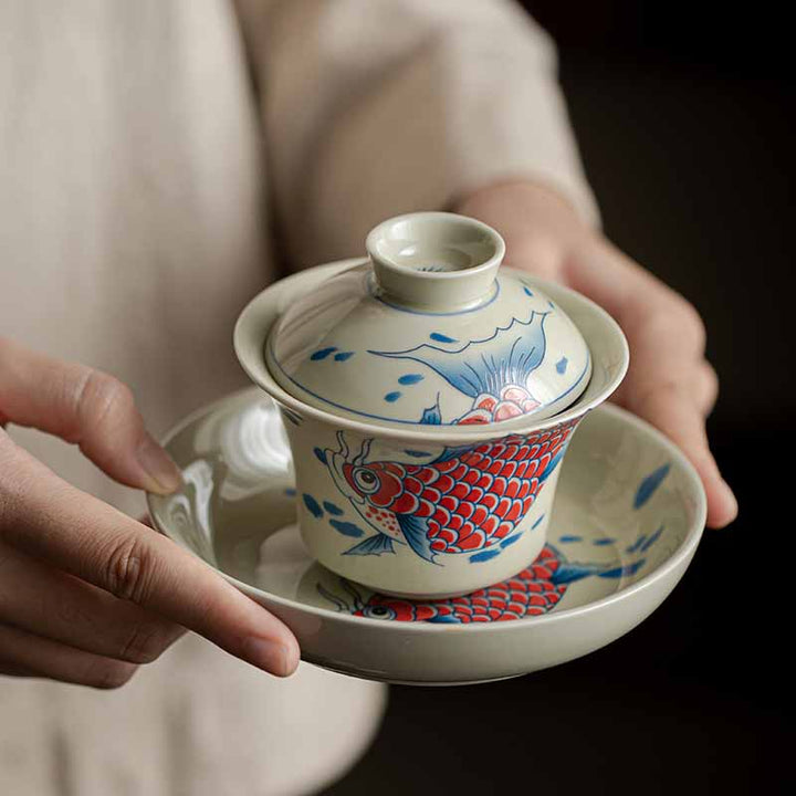 Buddha Stones鯉アロワナ陶器蓋湾三彩ティーカップカンフーティーカップ蓋付き130ml